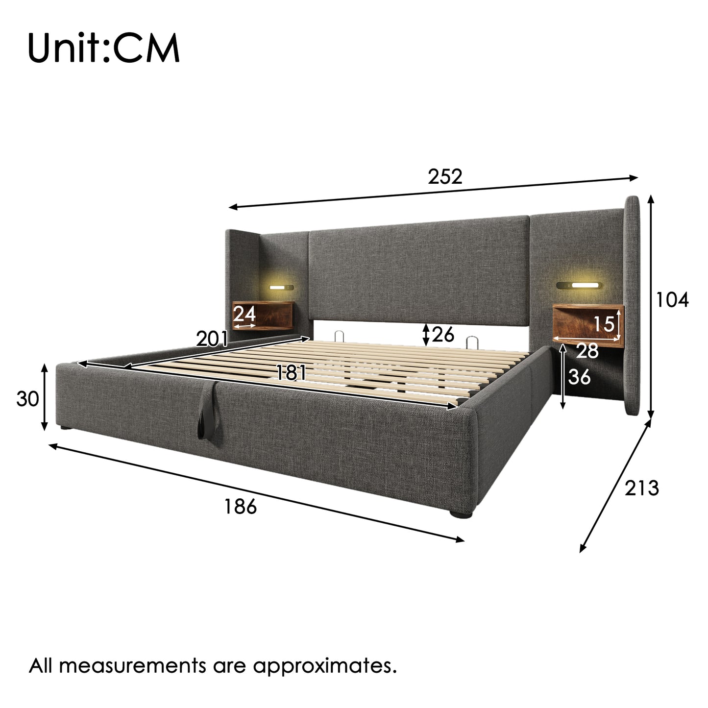 Upholstered Bed Double Bed 180x200 With Bedside Table, Reading Lamp And USB Type-C Charging Function, Bed System Storage Bed Frame With Slatted Frame Made Of Solid Wood And Metal, Grey, Linen Without