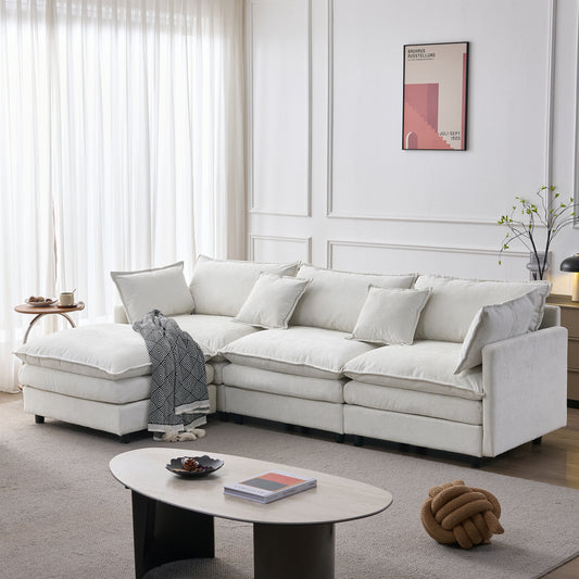 Premium Chenille Modular Corner Sofa  3 Seater With Chaise Lounge & Stool, Comfortable L-Sofa For Small Apartments, Living Room & Lounge, Breathable Family Seating Comfort