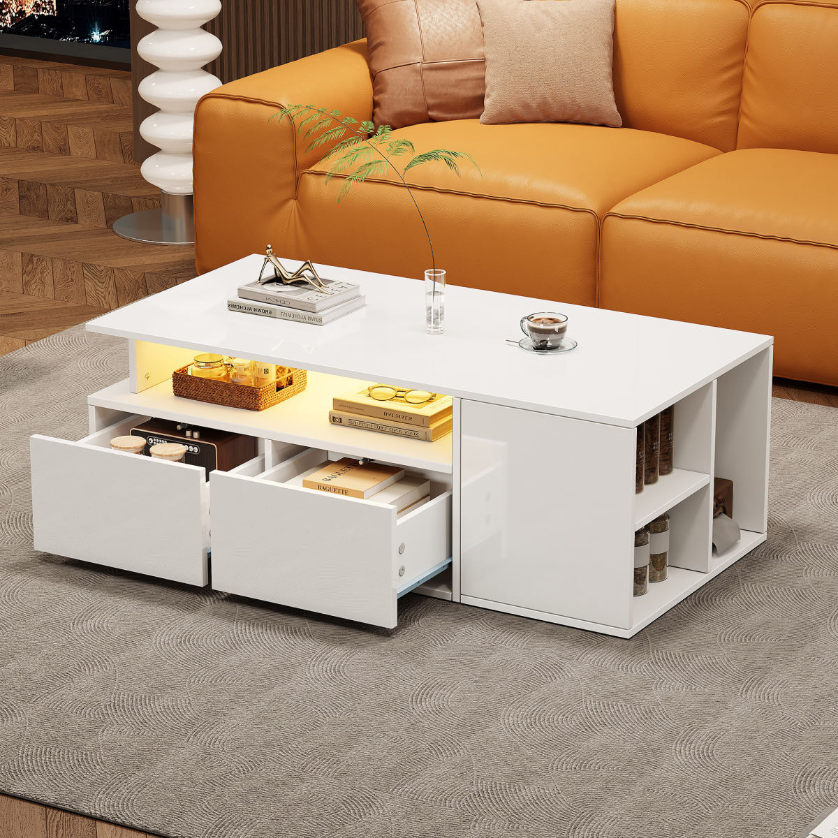 100x50x35cm Tea Table With LED, Living Room Coffee Table, Sofa Table With 2 Drawers, Coffee Table With Total Load Capacity Of 60kg, White Living Room Table With Plenty Of Storage