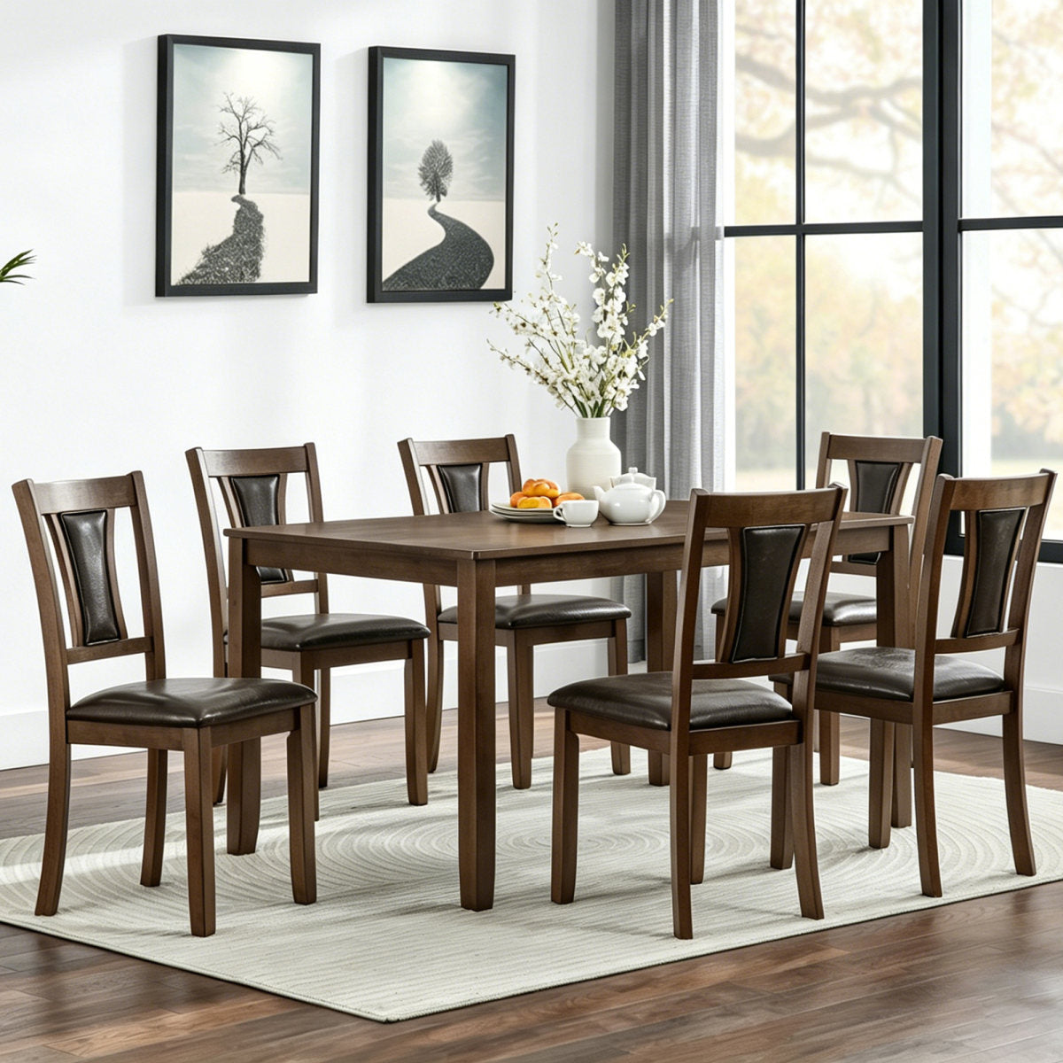 Modern 7-Piece Dining Table Set with 6 Upholstered Chairs, Wooden Rectangular Dining Table Set for 6 with Chairs, for Dining Room, Kitchen, Restaurant, Walnut