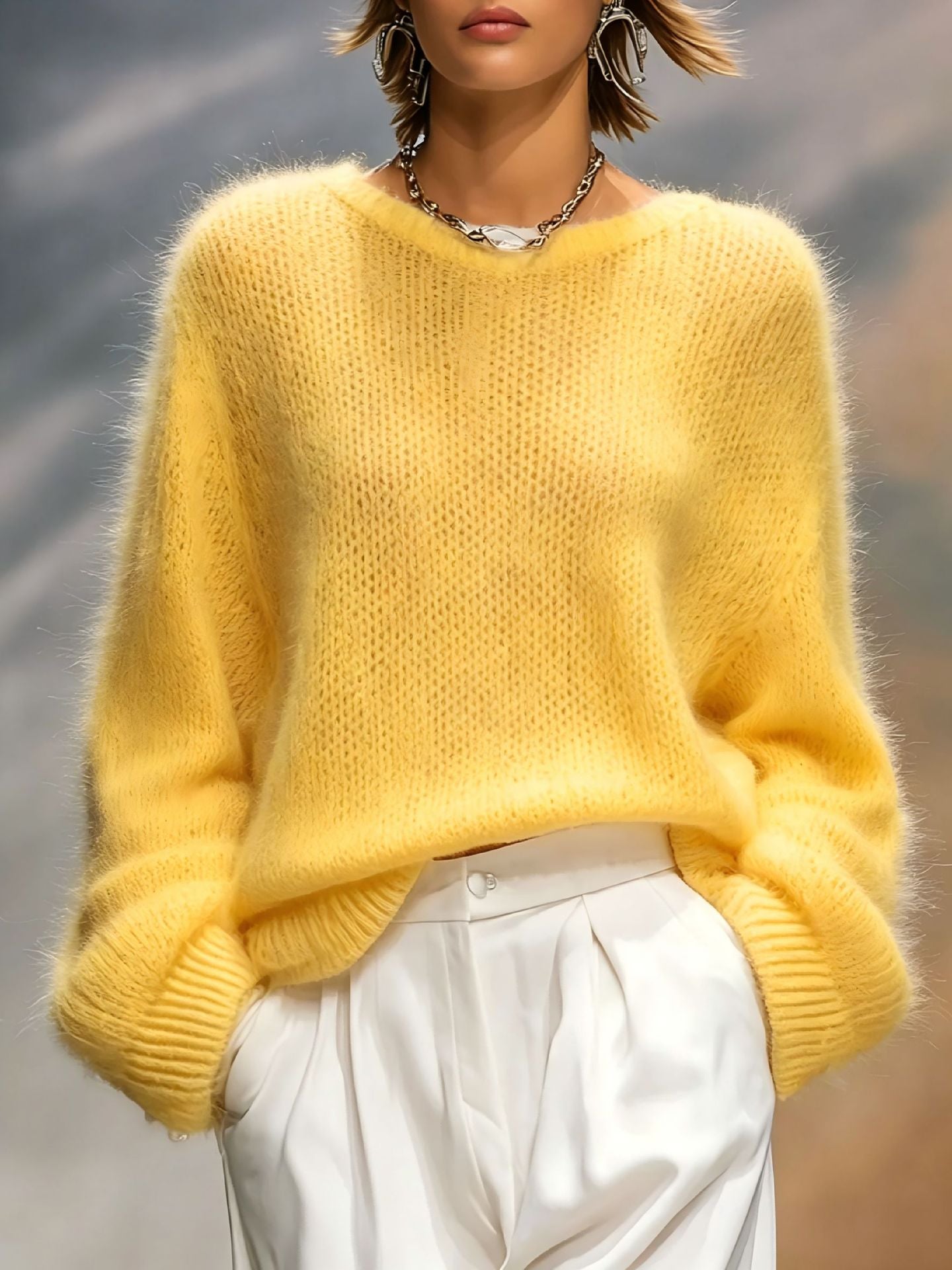 New Autumn Winter Relaxed-style Elegant Solid-color Crew-neck Loose-fit Womens Pullover