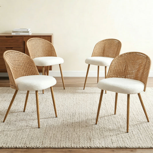 Wicker brown dining chairs set of 4, modern restaurant chairs, kitchen Bohemian style medieval-style soft beige sponge seat cushion