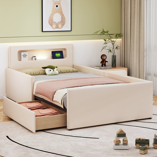 Upholstered Bed Children's Bed 90X200 Cm, With Night Light And USB Charging Port, With Storage Compartments, Raised Side Panels For Security, Simple Single Bed, Boy And Girl Bed, Faux Leather Fabric,