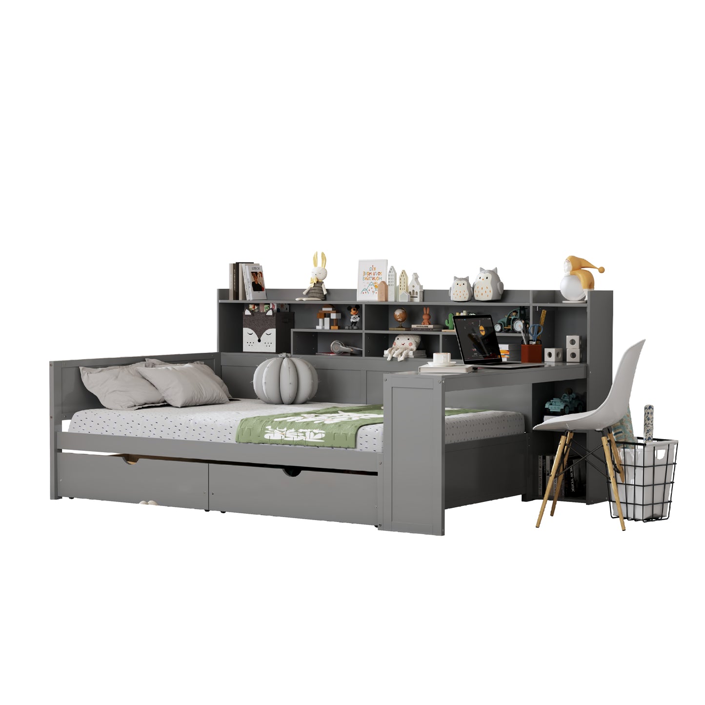 Wooden Full Size Daybed With Storage Shelves, Multi-functional Bed With Two Storage Drawers And  Study Desk, Gray