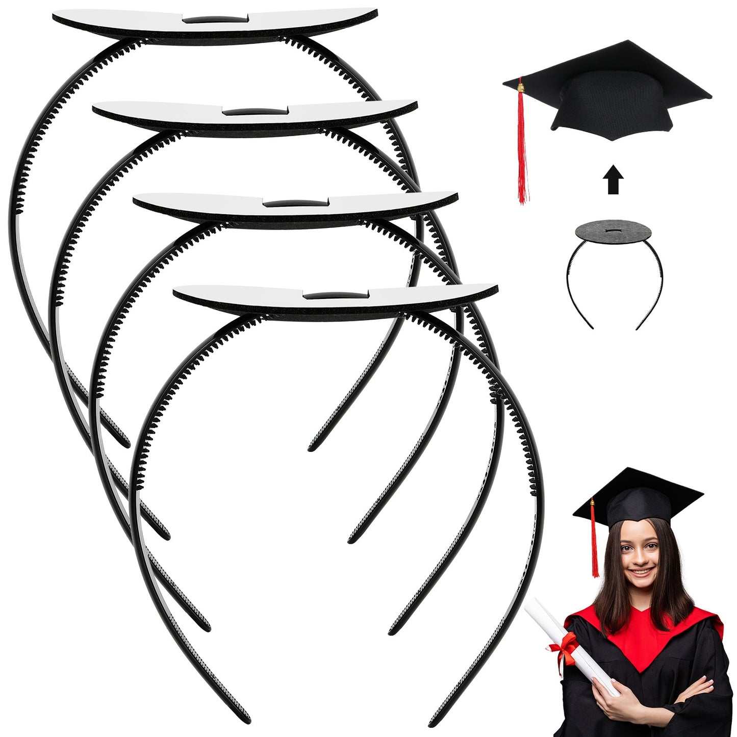 4 Pack Graduation Cap Headband,Grad Cap Band With Adhesive Strip Secures Your Grad Cap Upgrade Insert Hairstyle Hat Accessories Hairband For Graduates Gift