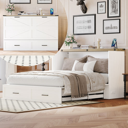 Queen Size Farmhouse Murphy Cabinet Bed With Charging Station, Foldable Platform Bed With Large Storage Drawer For Guest-Room, Small Bedroom, White