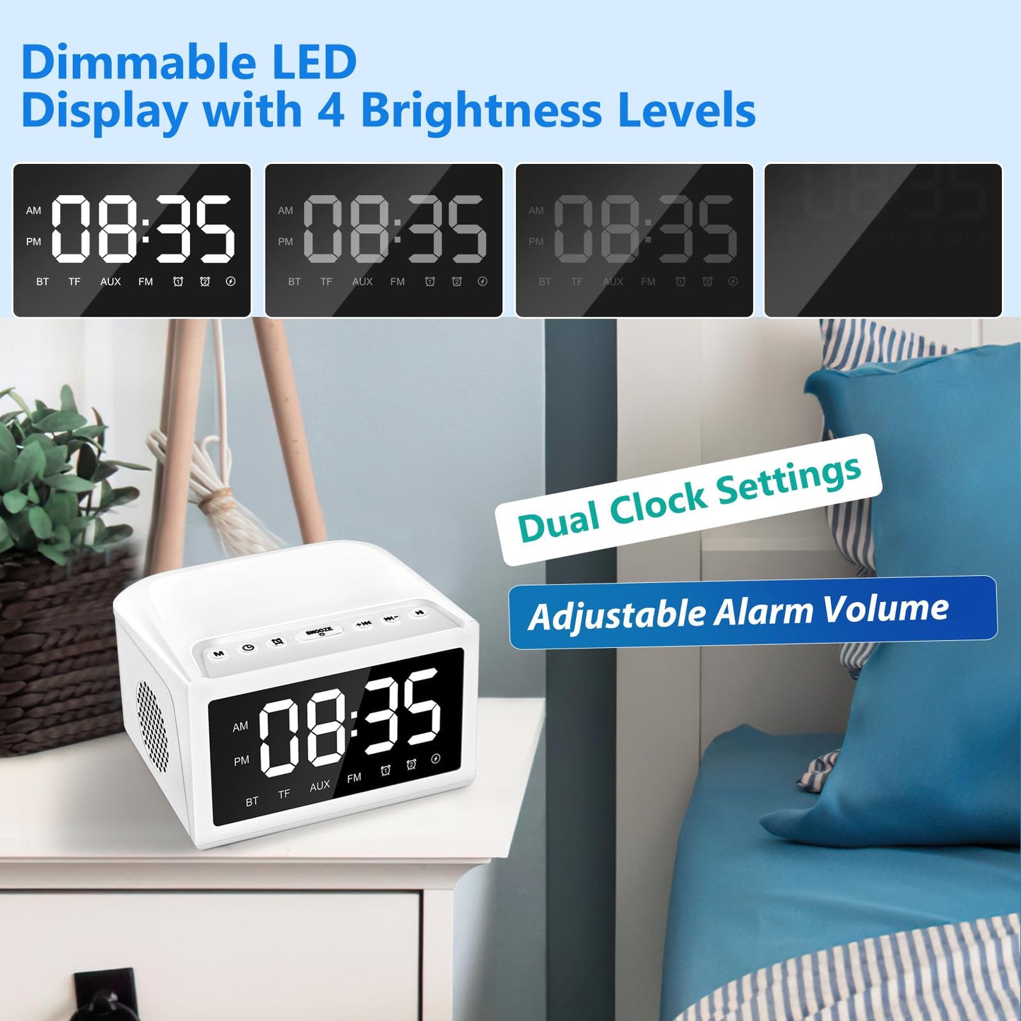 Alarm Clocks Bedside, Digital Alarm Clock Radio With Bluetooth Speaker, USB Charging Port, FM Radio, Universal Dimmable LED Display For Home, Work