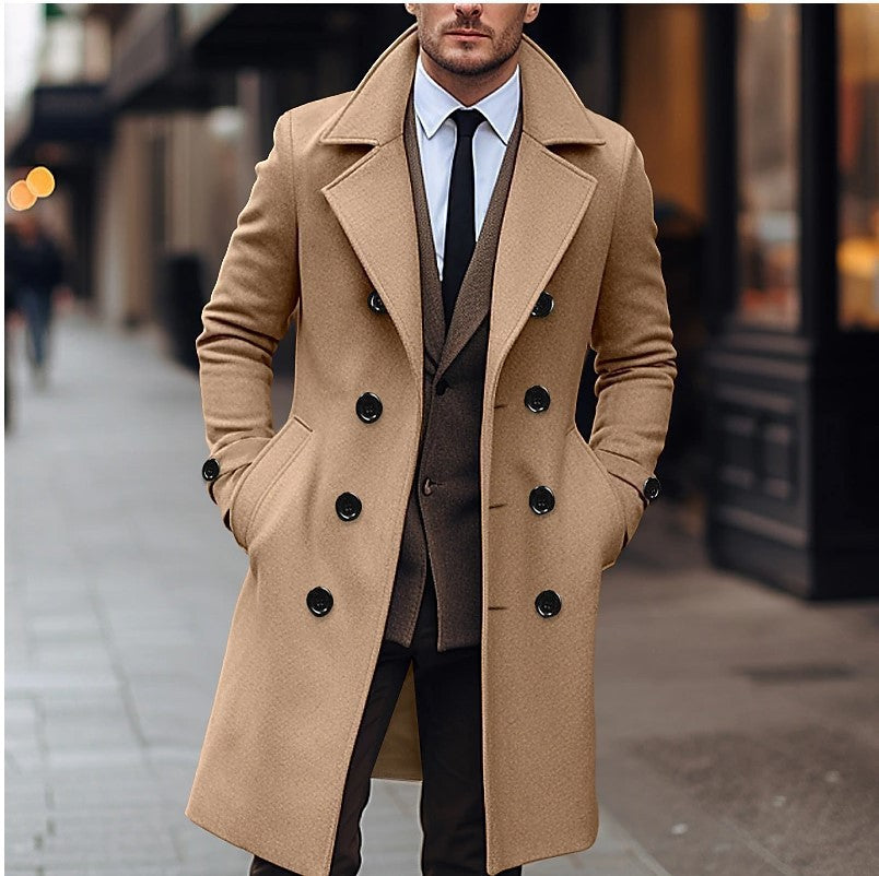 Men's Solid Color Mid-length Wool Coat Korean Style Double-breasted Jacket