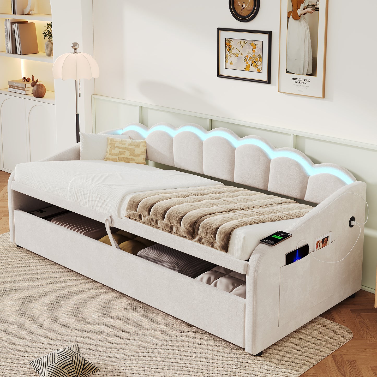 Upholstered Bed 90x190cm, Daybed, RGB LED Sofa Bed With Charging Station, 3ft Petal Shape Single Bed With Hydraulic Storage For Living Room   Bedroom   Study Room, Velvet, Beige   No Mattress
