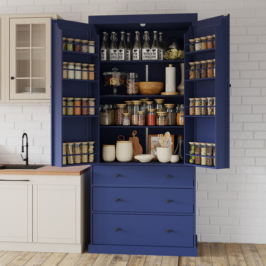 TOPMAx 77  Farmhouse Kitchen Pantry  Freestanding Tall Cupboard Storage Cabinet With 3 Adjustable Shelves  8 Door Shelves  3 Drawers For Kitchen  Dining Room  Blue  SP000047