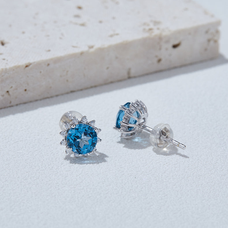 S925 Sterling Silver Starburst Stud Earrings, 6mm Natural Blue Crystal, Platinum Plated 1.6g, Sparkling Snowflake Earrings For Women, Fashion Jewelry Gift Box