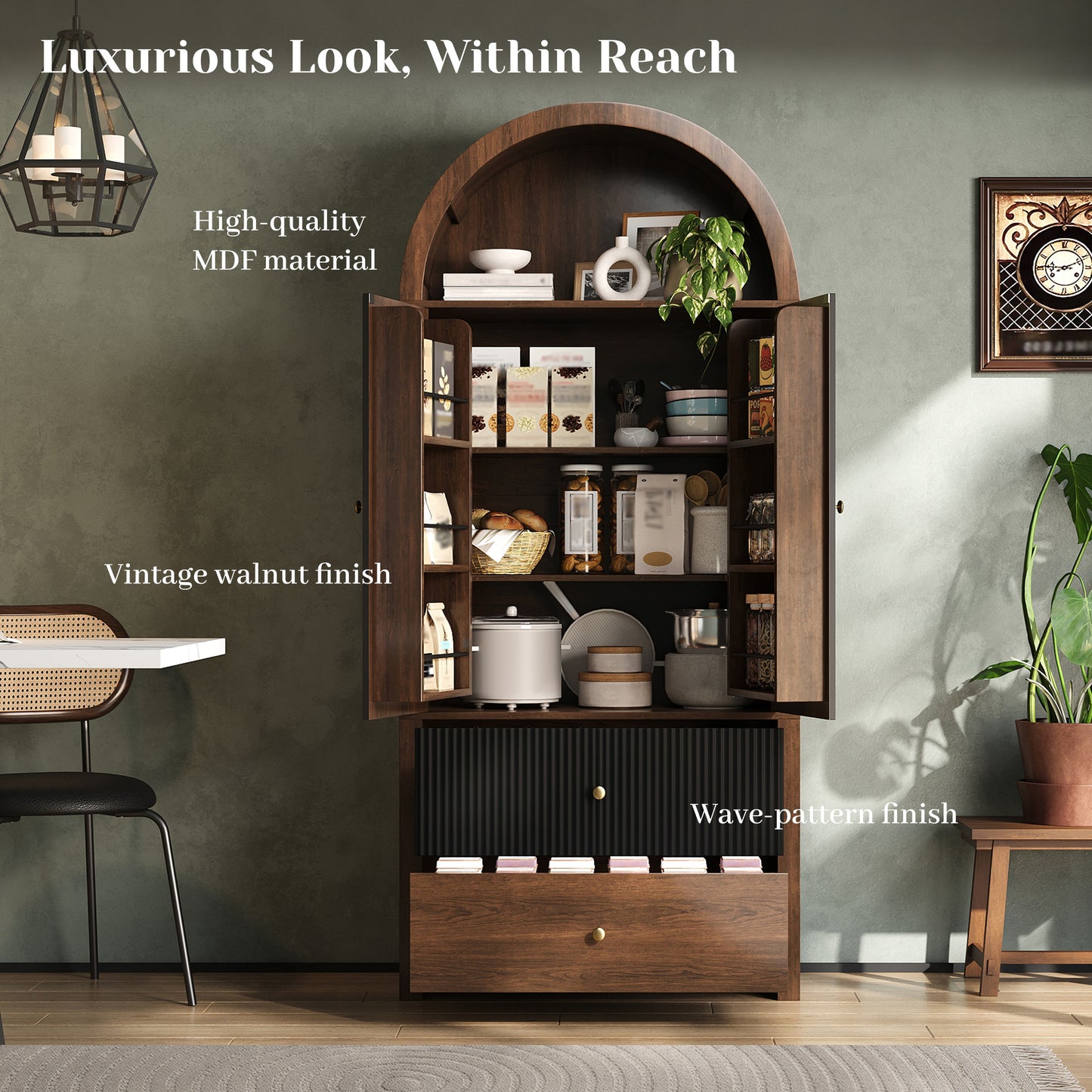 Arched Cabinet 180X80X40cm, Kitchen Cabinet, Display Cabinet, Wine Cabinet With Door Shelves, Open Top Compartment And 2 Drawers, For Kitchen, Dining Room, Living Room, Bedroom, Walnut Look