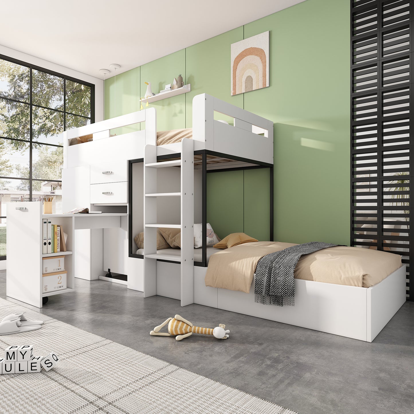 Bunk Bed With Pull-out Desk And Coat Rack, Multifunctional Children's Bed, Children's Bunk Bed, With Drawer & Shelves & Ladders, Without Mattress, 90x200 Cm, White OLD SKU 3233289012AAW-1
