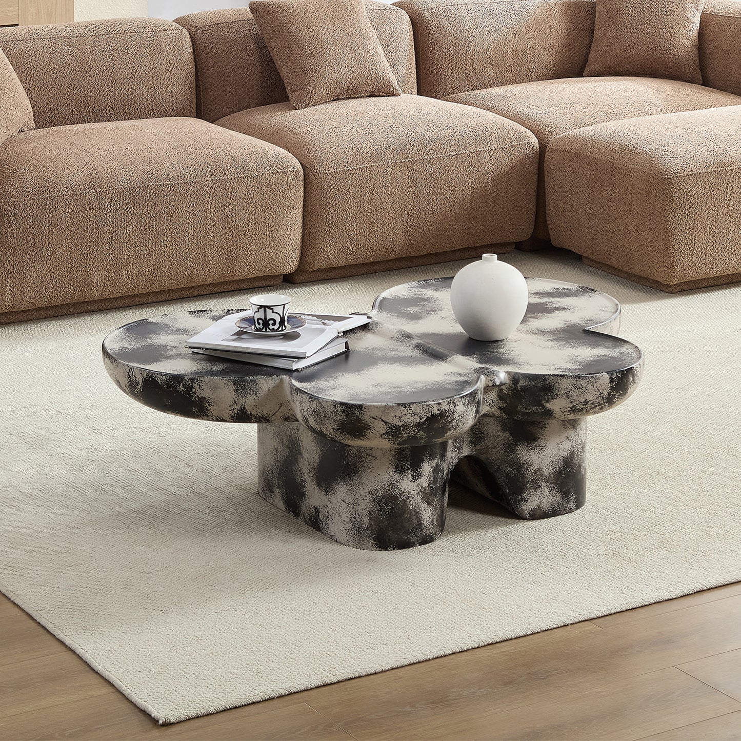 Butterfly Design Style, Coffee Table, Imitation Natural Limestone Material, Suitable For Living Room Office, Fiberglass, Black And Beige Combination.