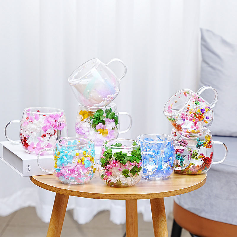 High-borosilicate Glass Tea Cup Internet-famous Double Layer Design With Real Flowers Inside