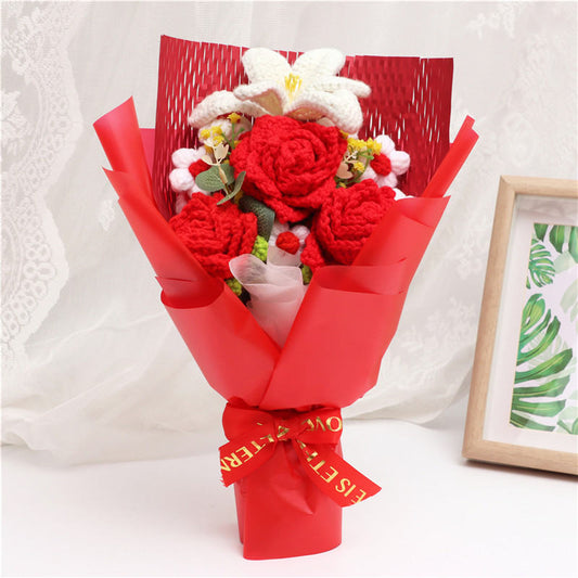 Handmade Crochet Bouquet, Red Roses & White Lily Everlasting Yarn Flowers, Romantic Eternal Floral Arrangement For Gifts Or Home Decoration