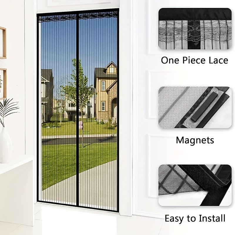 Black Hands-free Magnetic Door Curtain, Breathable And Mosquito-proof For Summer, Self-adhesive With No Tools Needed, Automatic Magnetic Closure, Pet-friendly, Ideal For Living Room, Bedroom, Balcony