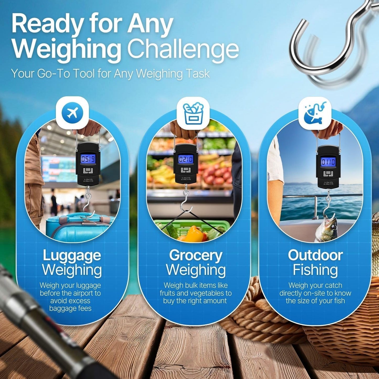 Digital Hanging Scale 110lb 50kg Portable Luggage Fish Scale With Tare, Backlit LCD, Steel Hook, Tape, Multi Unit Kg Lb Oz Jin, Batteries Included. Great For Travel, Fishing, Home, Farm, Hunting