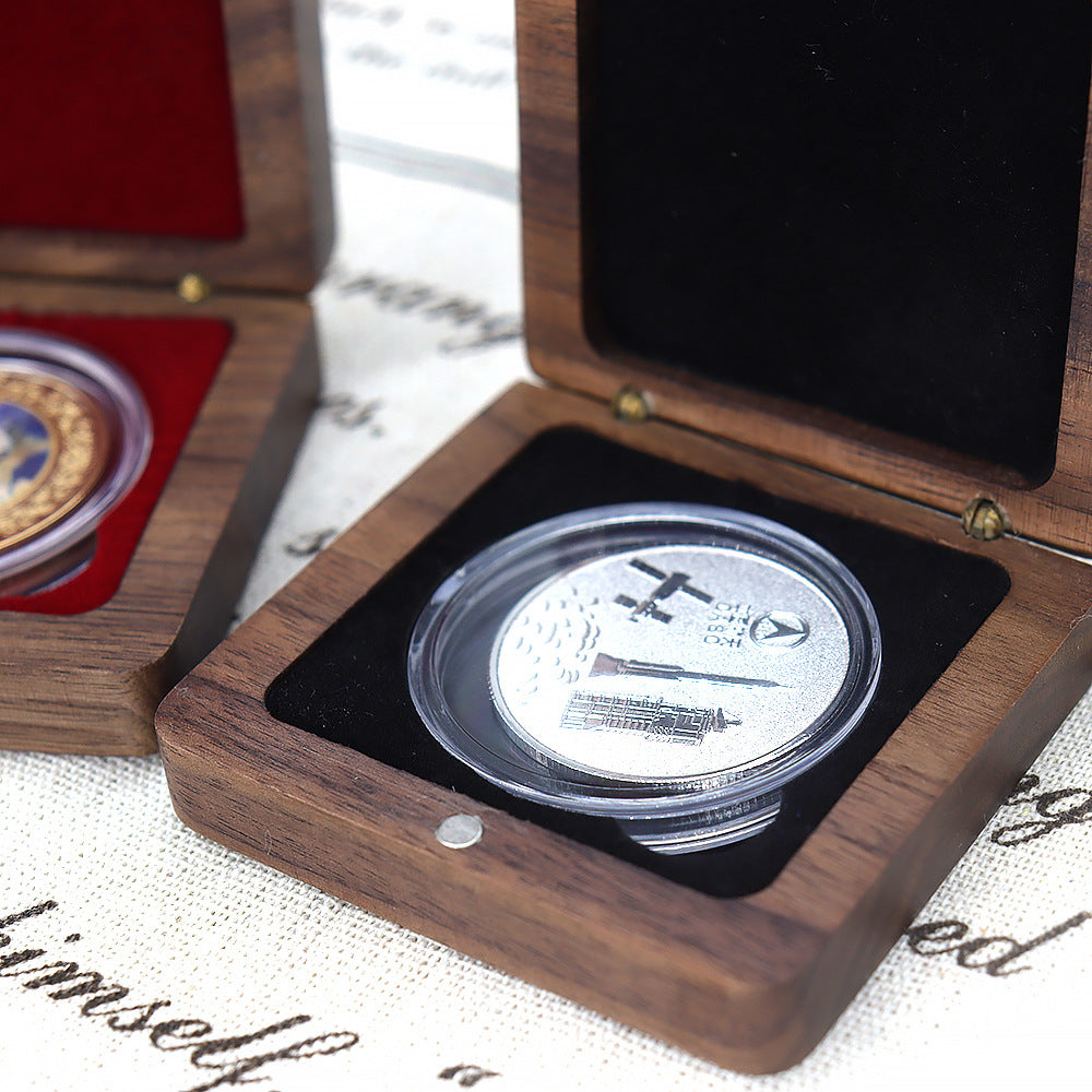 Small Commemorative Coin Badge Medal Solid Wood Gift Box