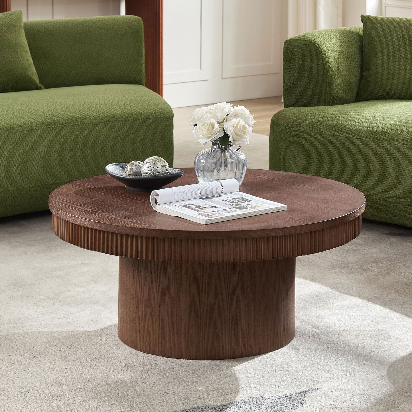 35.43 Inch Walnut Round Coffee Table With Solid Wood Ribbed Wave Trim,MDF Wood Veneer Table For Living Room,Apartment,Office