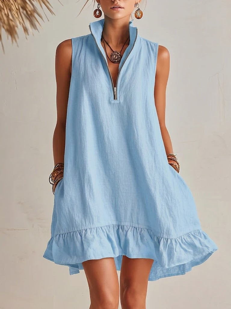 Womens New Fashion Casual Loose Sleeveless Dress HalfZip With Ruffled Hem