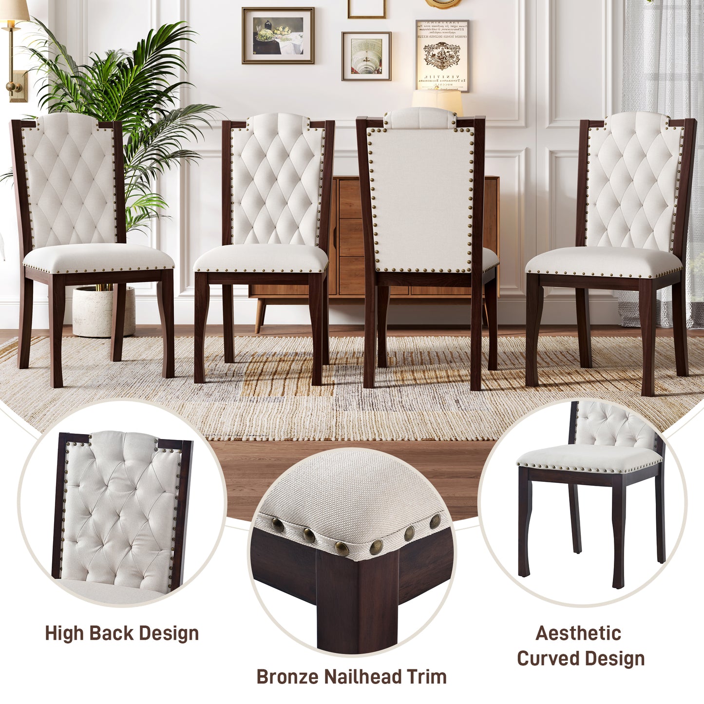 Upholstered Dining Chairs Set Of 4, High Back Diamond Button Tufted Kitchen Chairs With Solid Wood Legs And Nailhead Trims For Dining Room, Living Room, Restaurant, Biege & Espresso