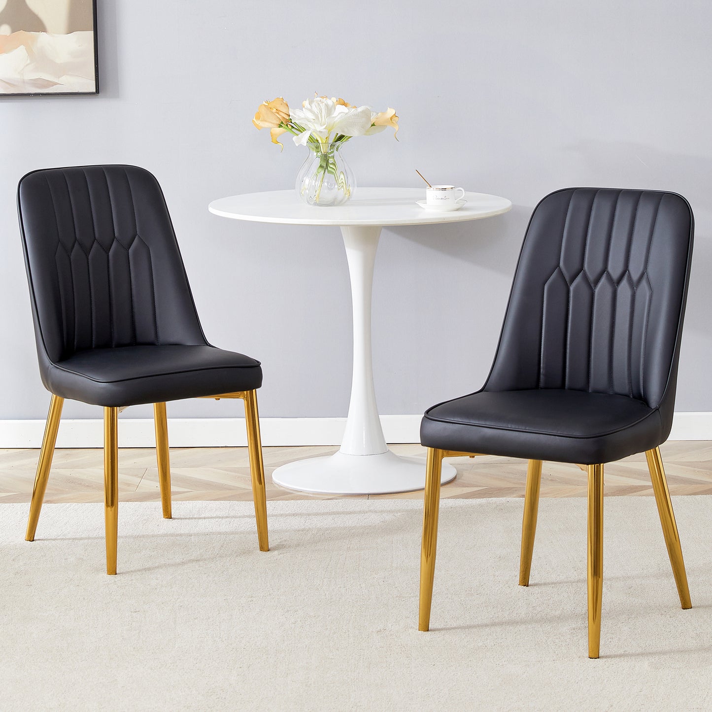 Two Black Faux Leather Dining Chairs Modern And Minimalist Design, Equipped With Widened Seat, Backrest And Non-slip Metal Feet, Suitable For Dining Room And Kitchen.