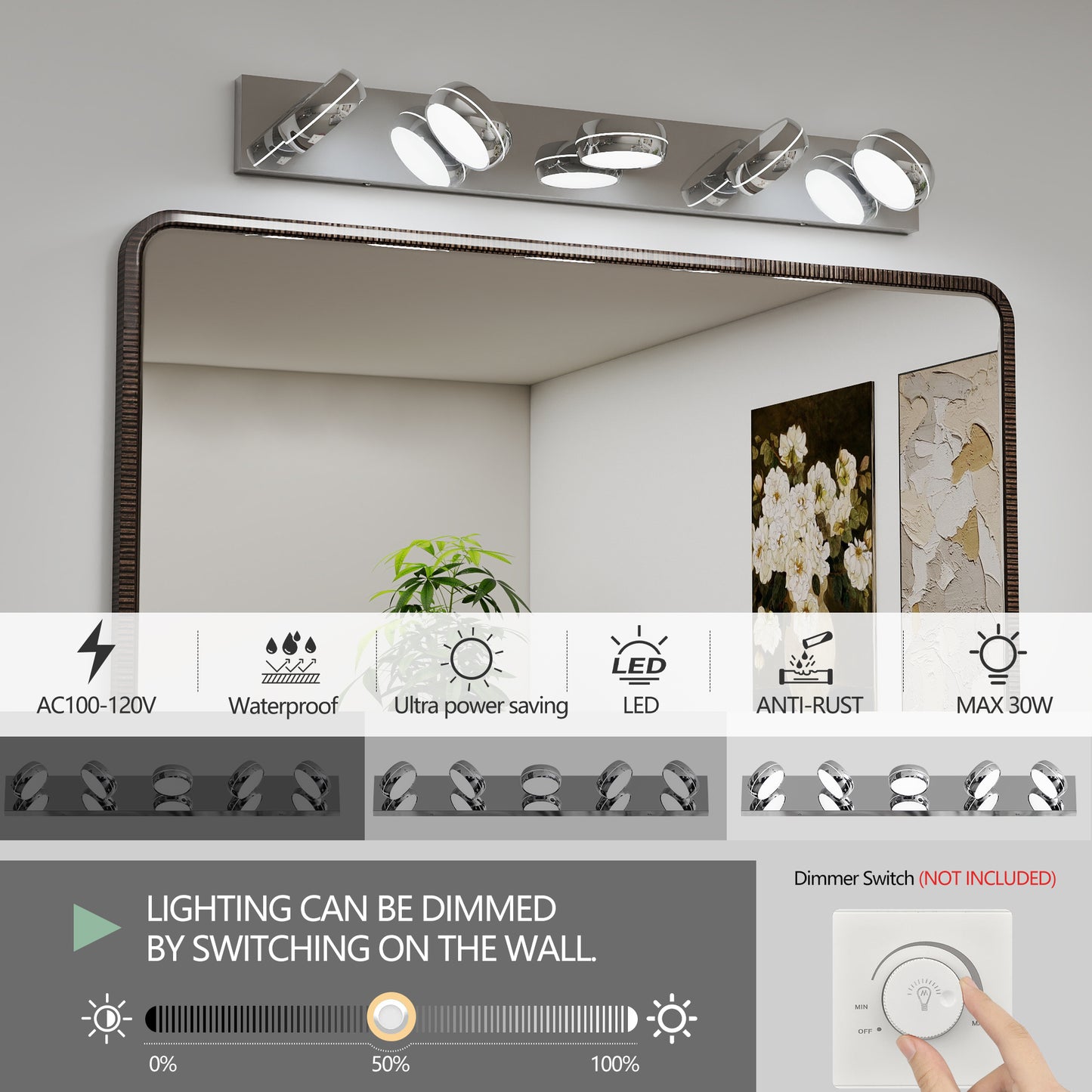 LED Vanity Lights 35in Bathroom Lights Fixtures Over Mirror 5 Light LED Lighting Fixture For Bathroom 18W Mirror Lighting Fixture Modern Bath Light Bar Chrome Bath