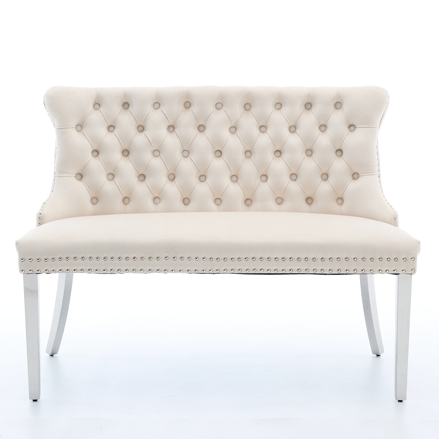 Velvet Double Dining Loveseat Bench, Kitchen & Dining Seating, 2-Seat Tufted Bench W Handmade Buttons, Wing Back, Brushed Silver Stainless Steel Legs, Mid Century Modern,Single Pack,Beige,SW1702BG
