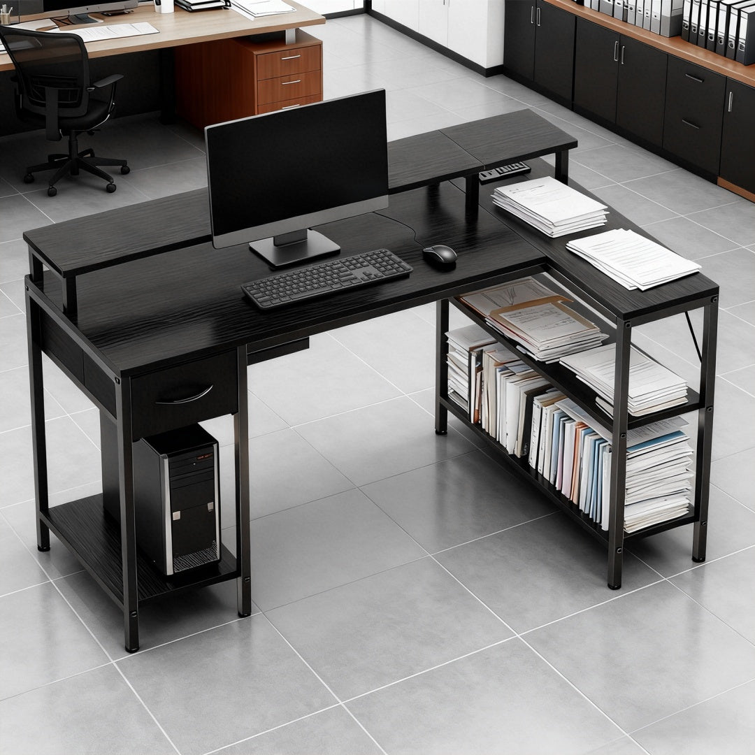 53-inch Gaming Table With USB Charging Port And LED Light, Reversible L-shaped Table With Power Socket And Monitor Stand
