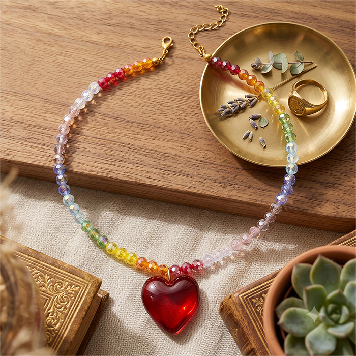 Rainbow Glass Bead Choker Necklace For Women, Stainless Steel Adjustable Chain With Chunky Red Glass Heart Pendant, Colorful Summer Jewelry Gift