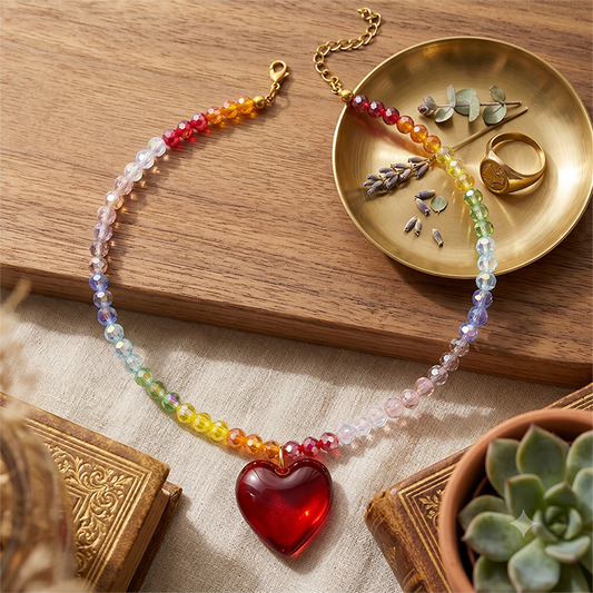Rainbow Glass Bead Choker Necklace For Women, Stainless Steel Adjustable Chain With Chunky Red Glass Heart Pendant, Colorful Summer Jewelry Gift