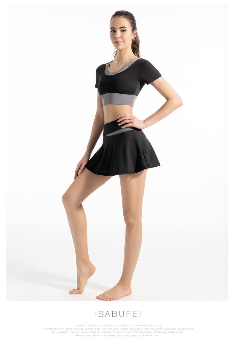 Color-matching Outer Wear High Elastic Band Chest Mat Yoga Suit Fake Two-piece Short-sleeved T-shirt Naked Sense Anti-running Light Sports Skirt Set