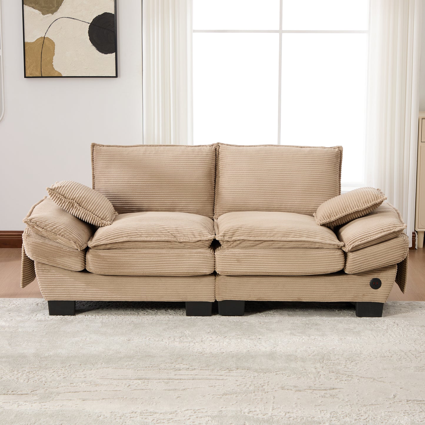 Modular Corduroy Sofa For 2 People With A Wide Seat, Ergonomic Design, High-density Foam Padding, USB-C Port And Side Pockets. Ideal For Living Room, Office Or Lounge.Khaki