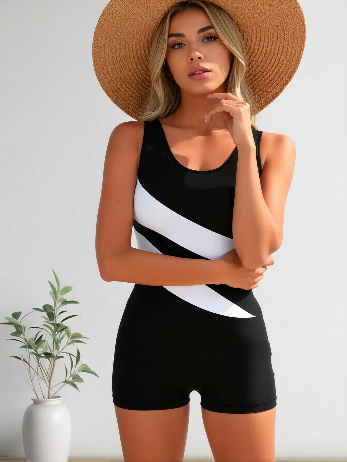 2026 New Black And White Diagonal Stripe Tankini Swimsuit, Scoop Neck Slim Fit Tank Top & Solid Boy Shorts