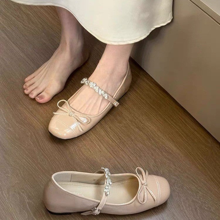 2026 New Autumn French Minimalist Shoes, Retro Luxury Rhinestone One-Strap Round Toe Platform Soft Sole Slip-On Flats