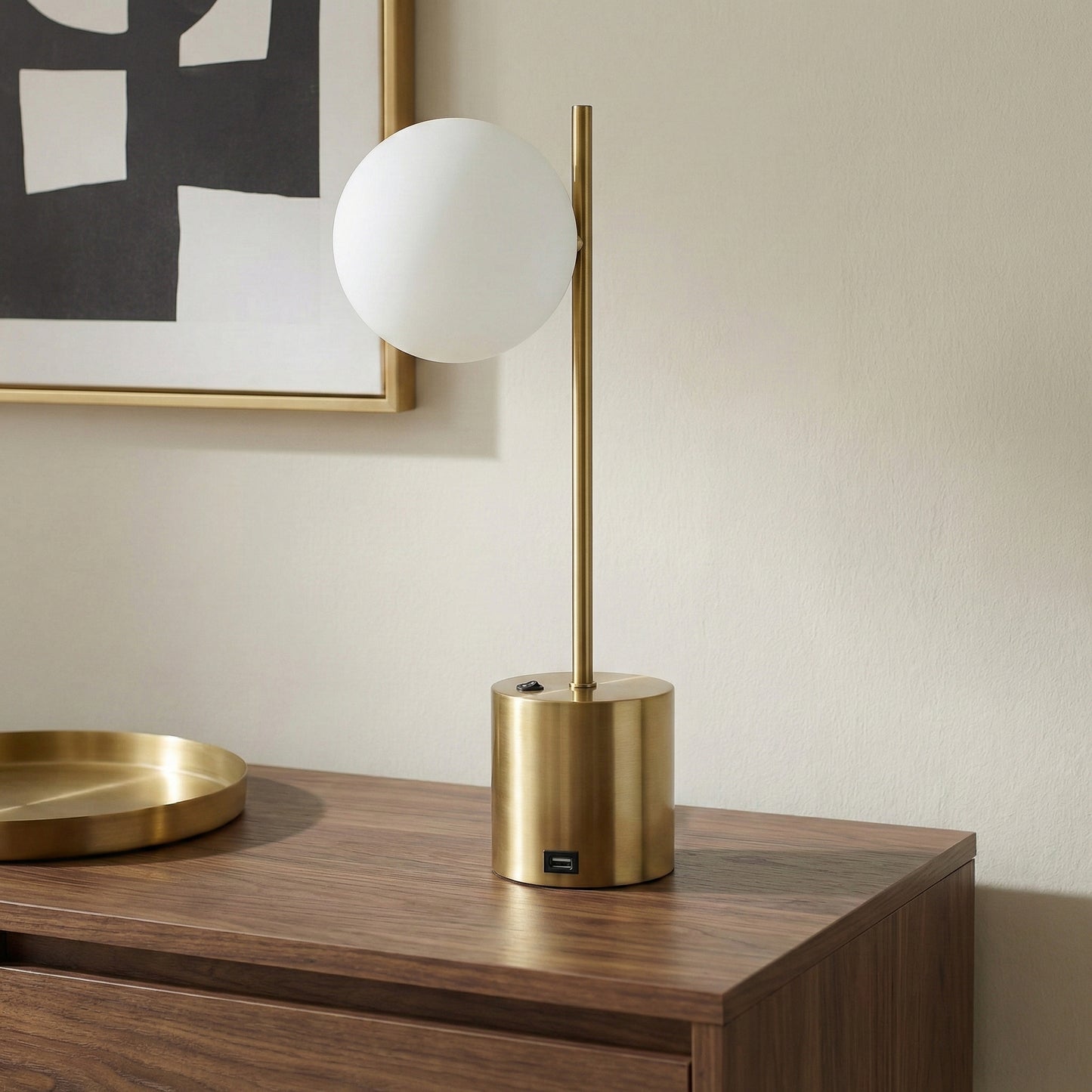 Ethereal Modern Small Brass Metal Table Lamp With White Glass Globe Shade, Elegant Desk Lamp Fixture 22  H X 9.3  W X 5.8  D For Living Room, Desk Lamps For Office Reading