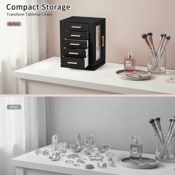 Four Sides With Storage, 5 Drawers That Can Rotate. Black Cabinet Body,   Velvet Fabric. Necklace Box.
