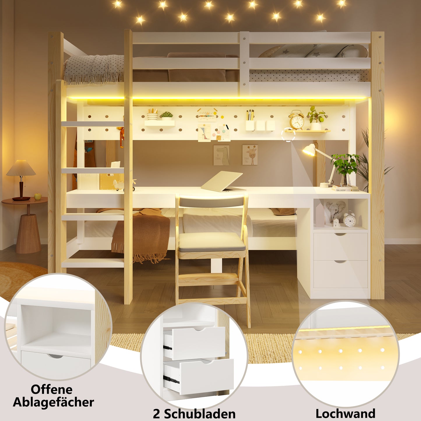 Loft Bed, 90x200 Cm And 140x200 Cm, Pinewood, With Drawers And Desk, Equipped With Perforated Plate Hanging Device, Including LED Light Strip, Without Mattress