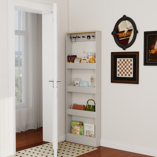 Behind The Door 69 Tall Bookcase With 4 Shelves And 5 Hooks,  Space-Saving Narrow Storage Cabinet For Living Room, Children's Room, Study Room, Kitchen, Corridor-Antique White
