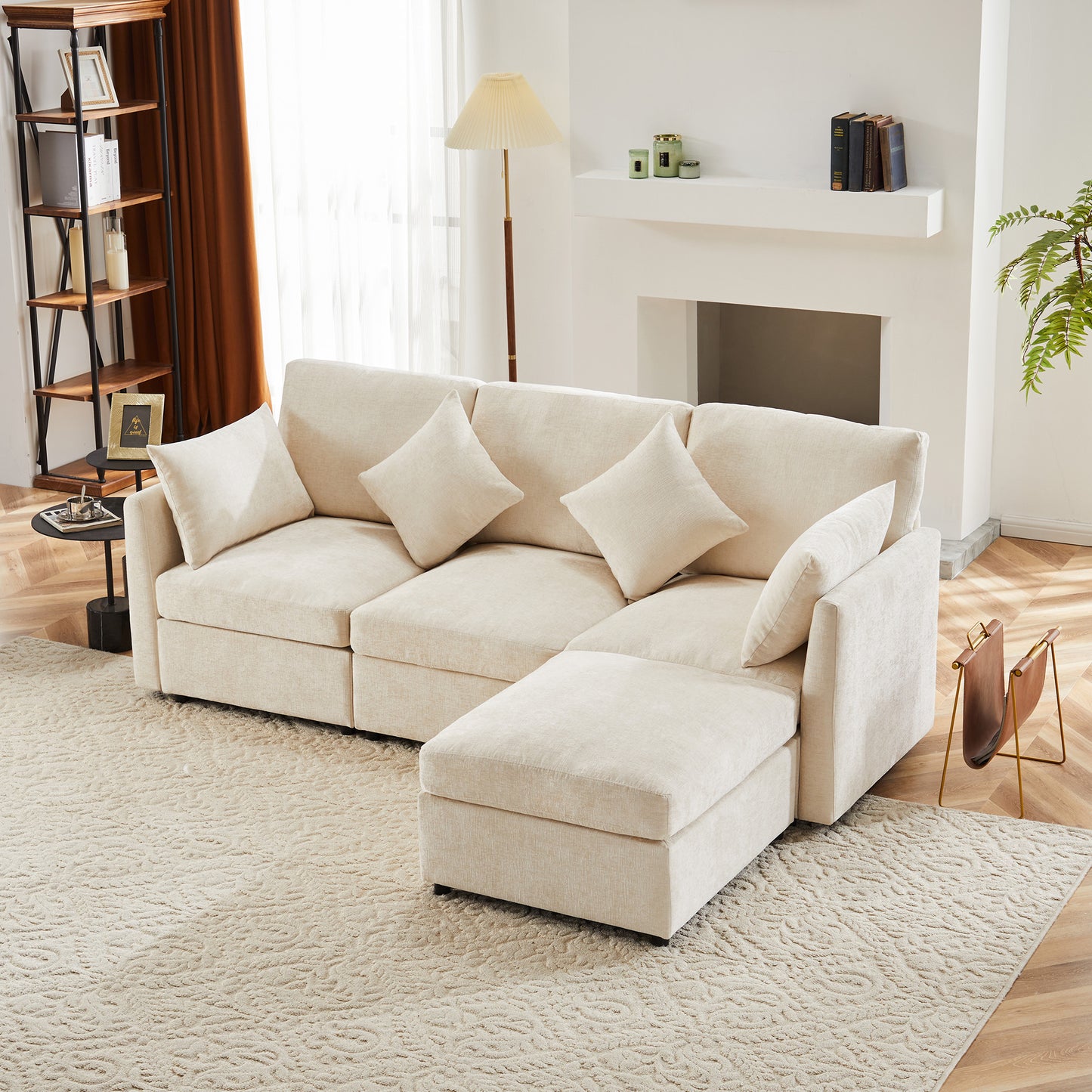 L-shaped Corner Sofa, Convertible To 3-seater, Modular Design, With Movable Footstool And 4 Chenille Cushions, Ideal For Living Room, Apartment And Office, Beige, With Video
