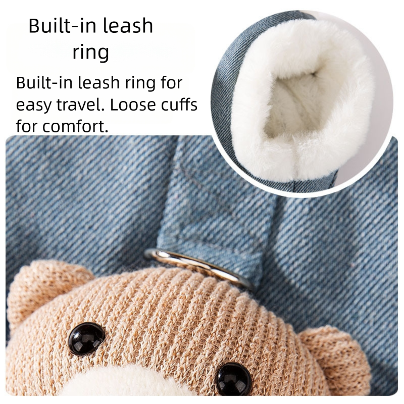 Autumn And Winter Korean-style Dog Pocket Three-dimensional Bear, Denim Towing Vest, Cat Cotton Coat, Warm Pet Dog Clothes