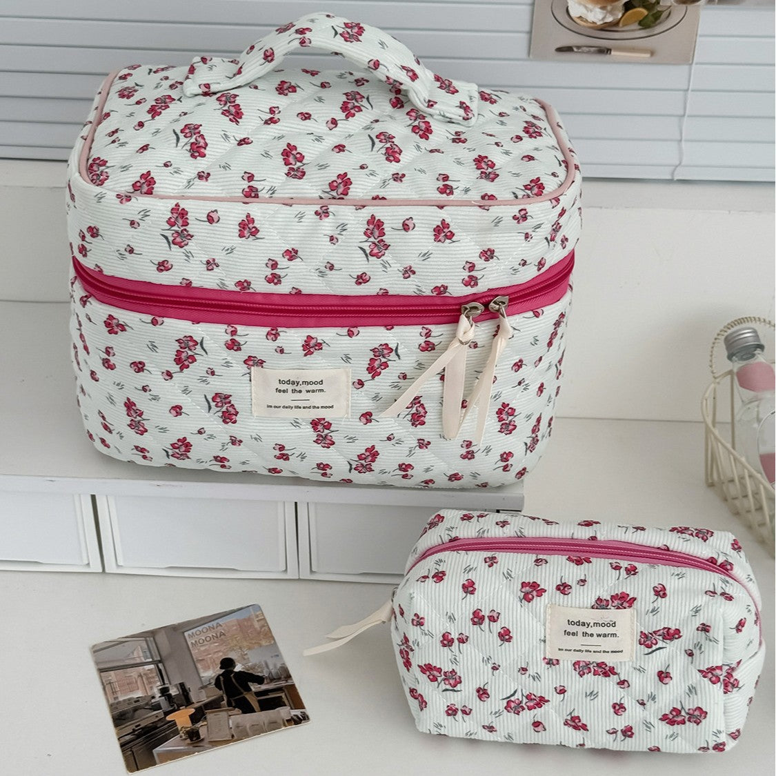 New Corduroy Green Floral Makeup Bag