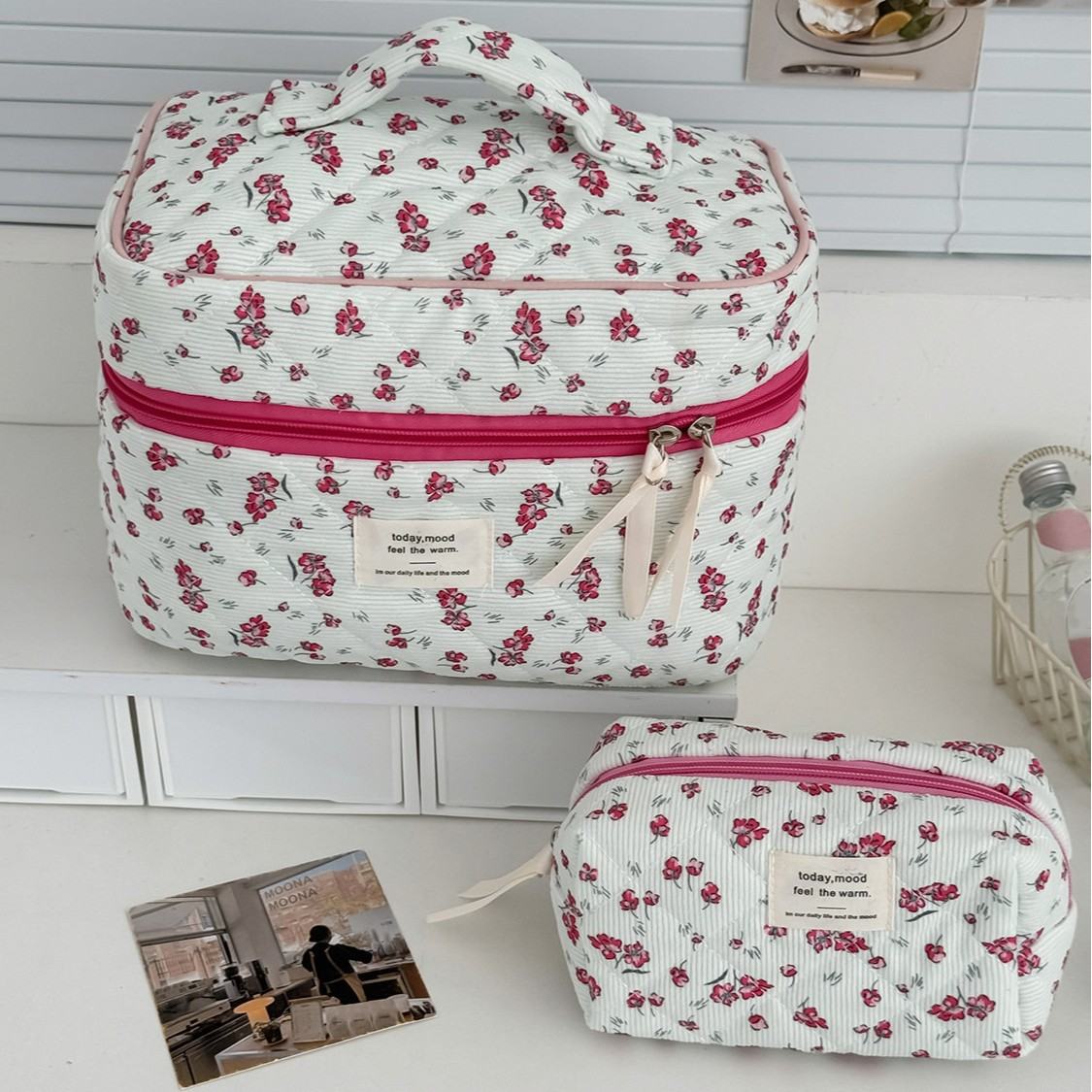 New Corduroy Green Floral Makeup Bag