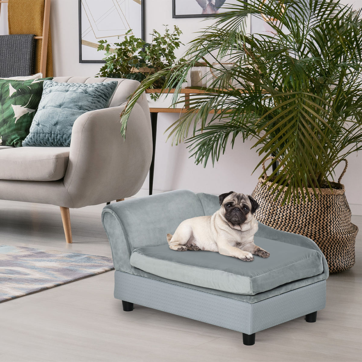 PawHut Pet Sofa Chair, With Storage, Cushion, For Small Dogs, Cats - Light Grey
