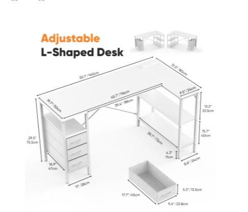 L-shaped Computer Gaming Table With Monitor Stand, 3 Drawers, USB Interface, Power Socket, Corner Workstation