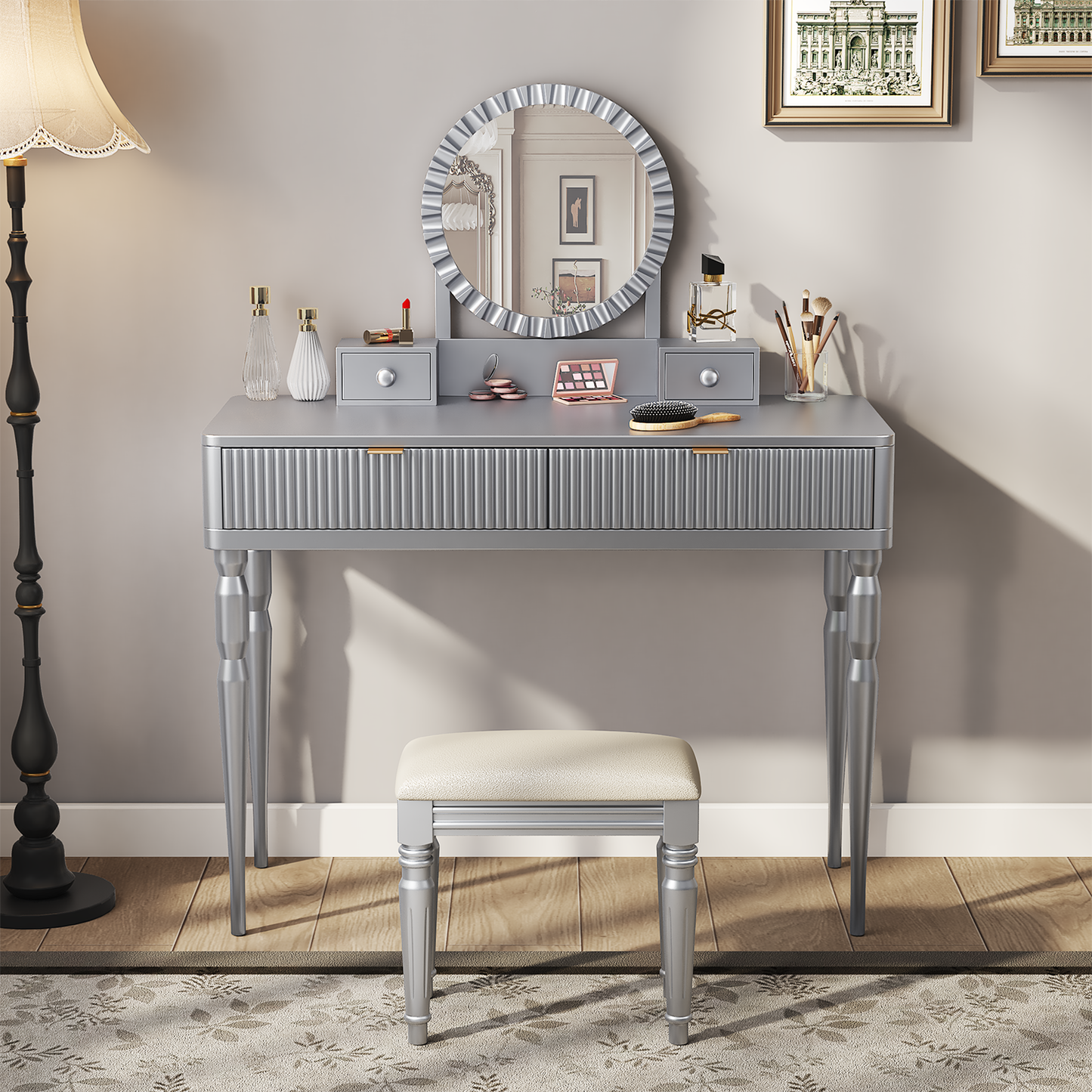 Luxury Vanity Desk With Round Mirror,Height-Adjustable, Stylish Dressing Table Set, 4 Drawers & Stool, Silver