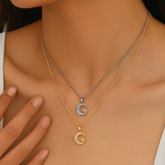 Women Moon Star Long Clavicle Necklace, Niche Personalized Design Inlaid Cubic Zirconia Pendant Necklace, European American Fashion Daily Jewelry