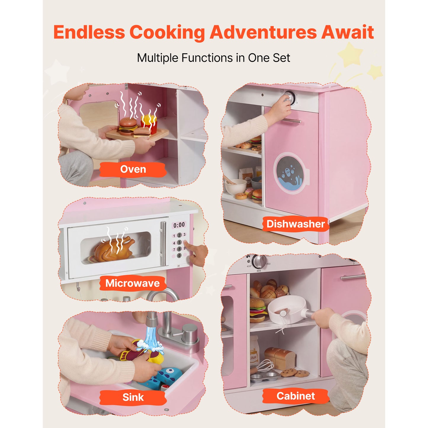 Play Kitchen For Kids, Wooden, Kids Kitchen Playset With Real Lights & Sounds, Food & Cookware Accessories, Pretend Play Toy Set, Range Hood, Microwave, For Toddlers, Girls & Boys Ages 3-8, P Ink