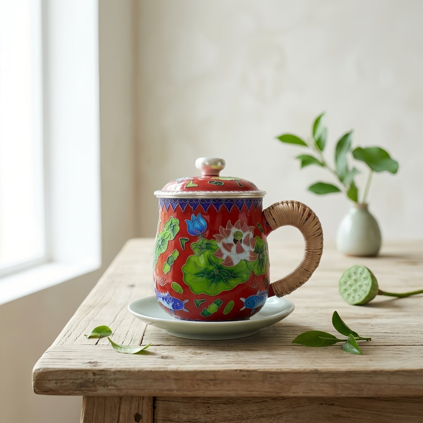 Pure 999 Fine Silver Elegant Red Enamel Cloisonné Tea Mug with Lotus Pond Motifs and Woven Handle - Handicraft